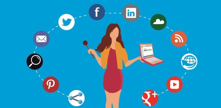 illustration of woman holding computer with social media icons surrounding her