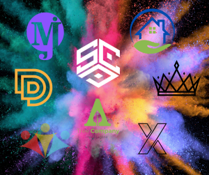 burst of colors in the background with various logo designs