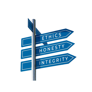 street signs with the words: ethics, honesty, integrity