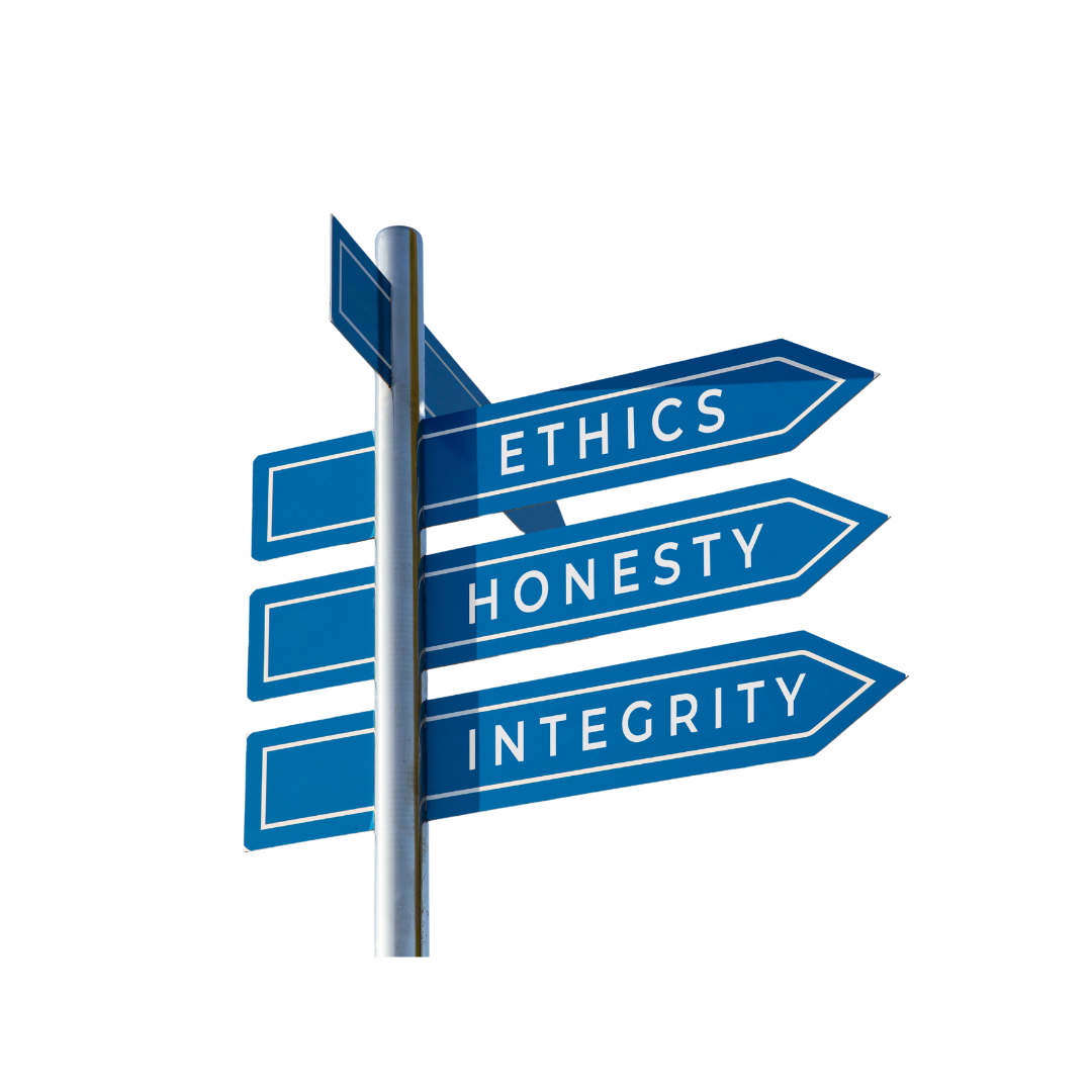 street signs with the words: ethics, honesty, integrity