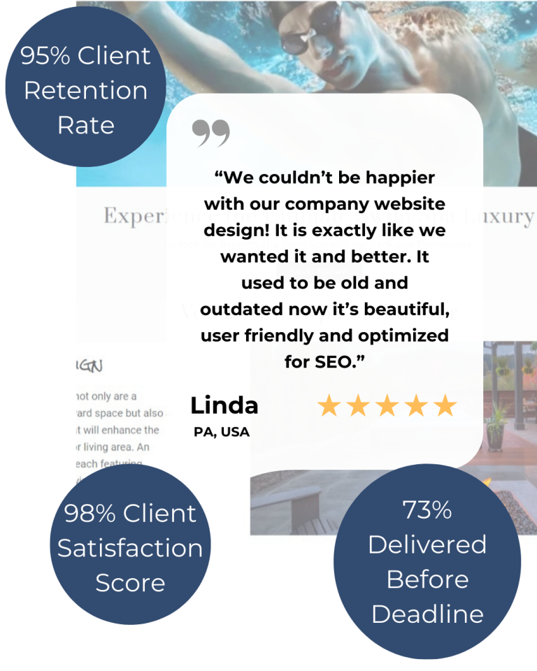 website design with overlay of client review. bubbles with company website design stats.